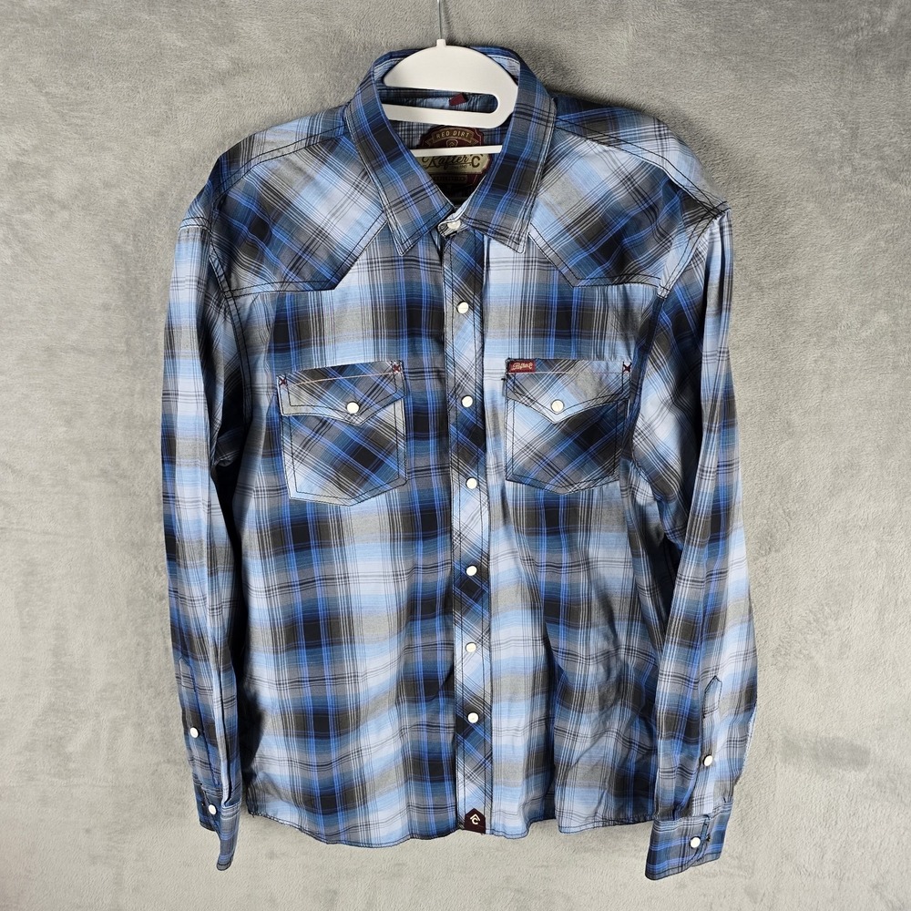 Rafter C Red Dirt‎ Mens XL Blue Plaid Western Snap Long Sleeve Shirt RD23402